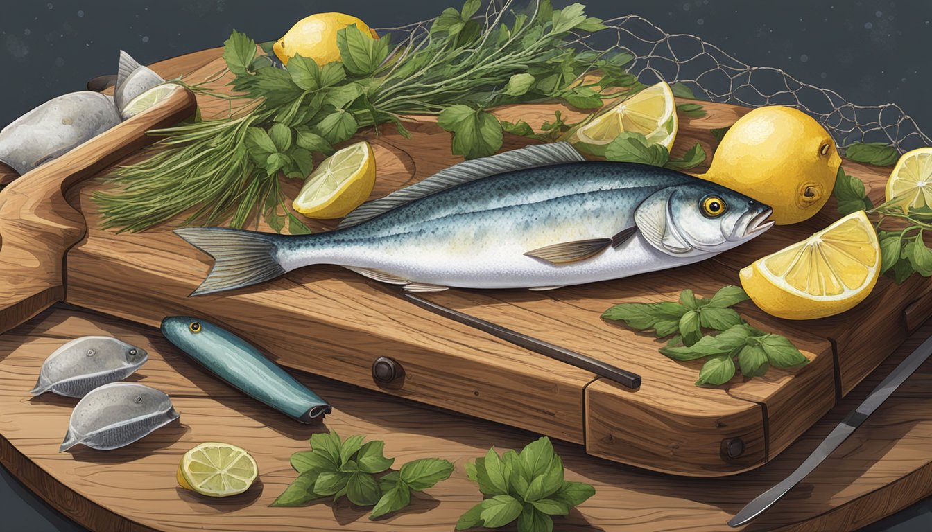 A rustic wooden cutting board holds an assortment of small fish and seafood, surrounded by fresh herbs and sliced lemons. A fishing net and tackle box sit in the background