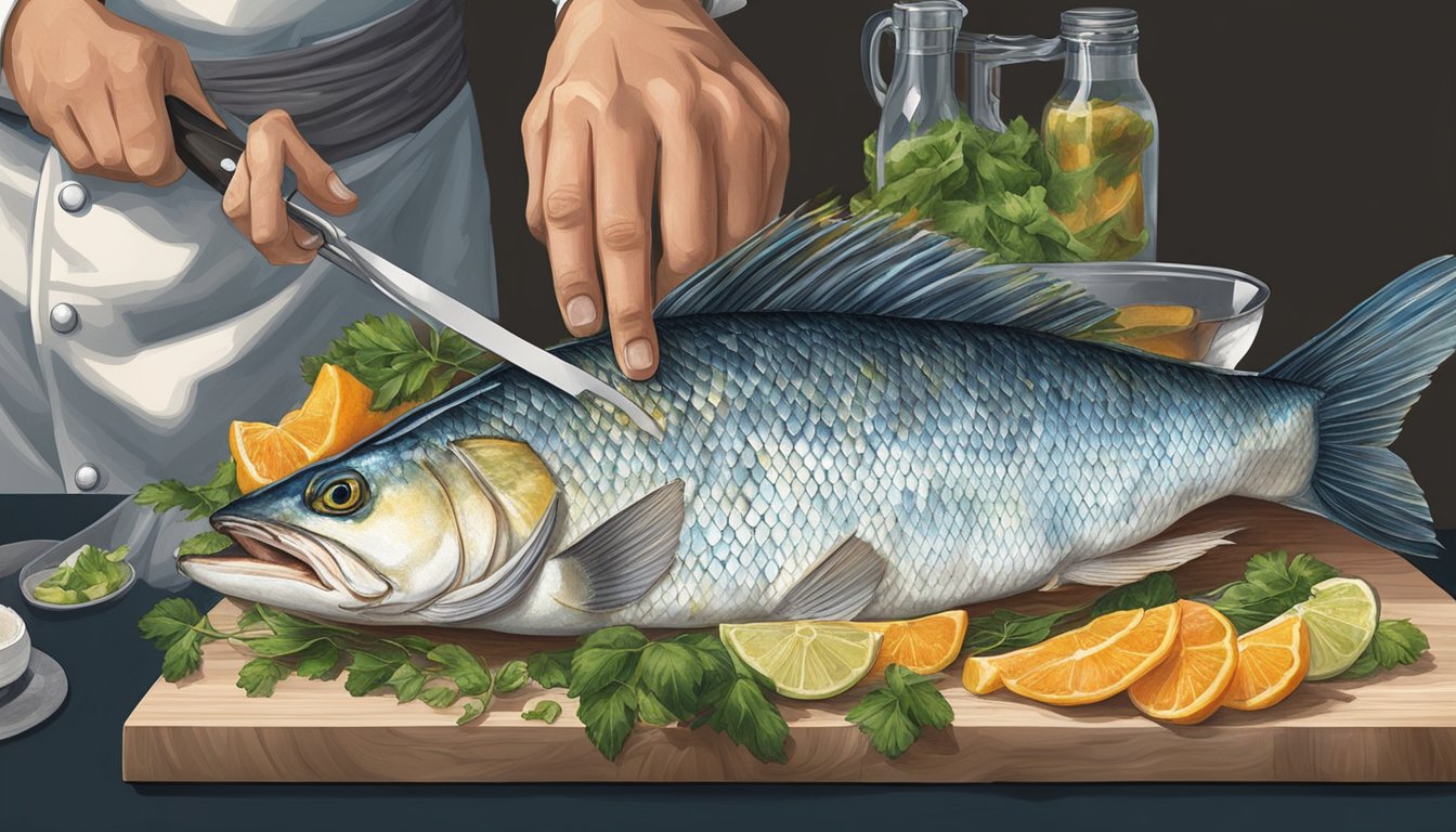 A chef carefully peels the skin off a fresh fish, preparing to transform it into a delectable gastronomic delight. The scales shimmer in the light, showcasing the often-overlooked culinary treasure of fish skin