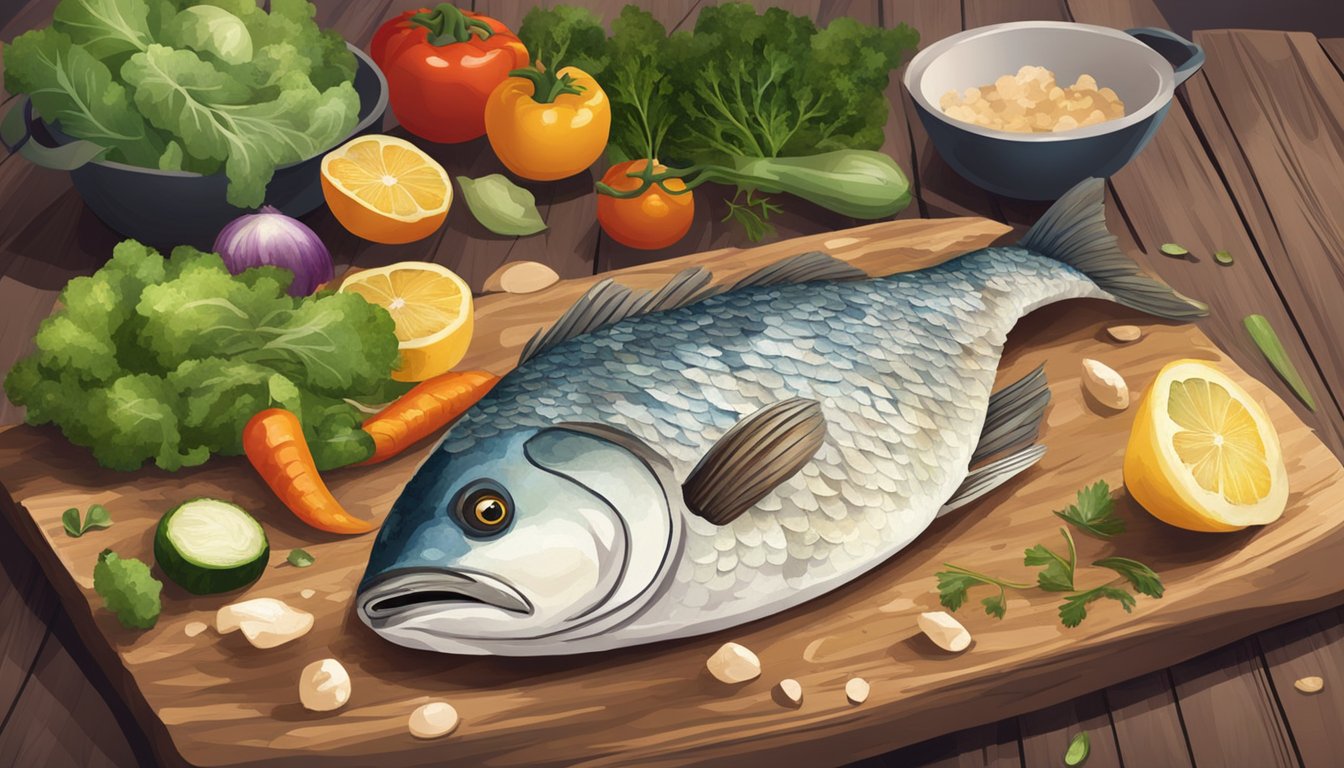 A fish skin delicacy being prepared in a rustic kitchen, with colorful vegetables and aromatic herbs scattered around a wooden cutting board