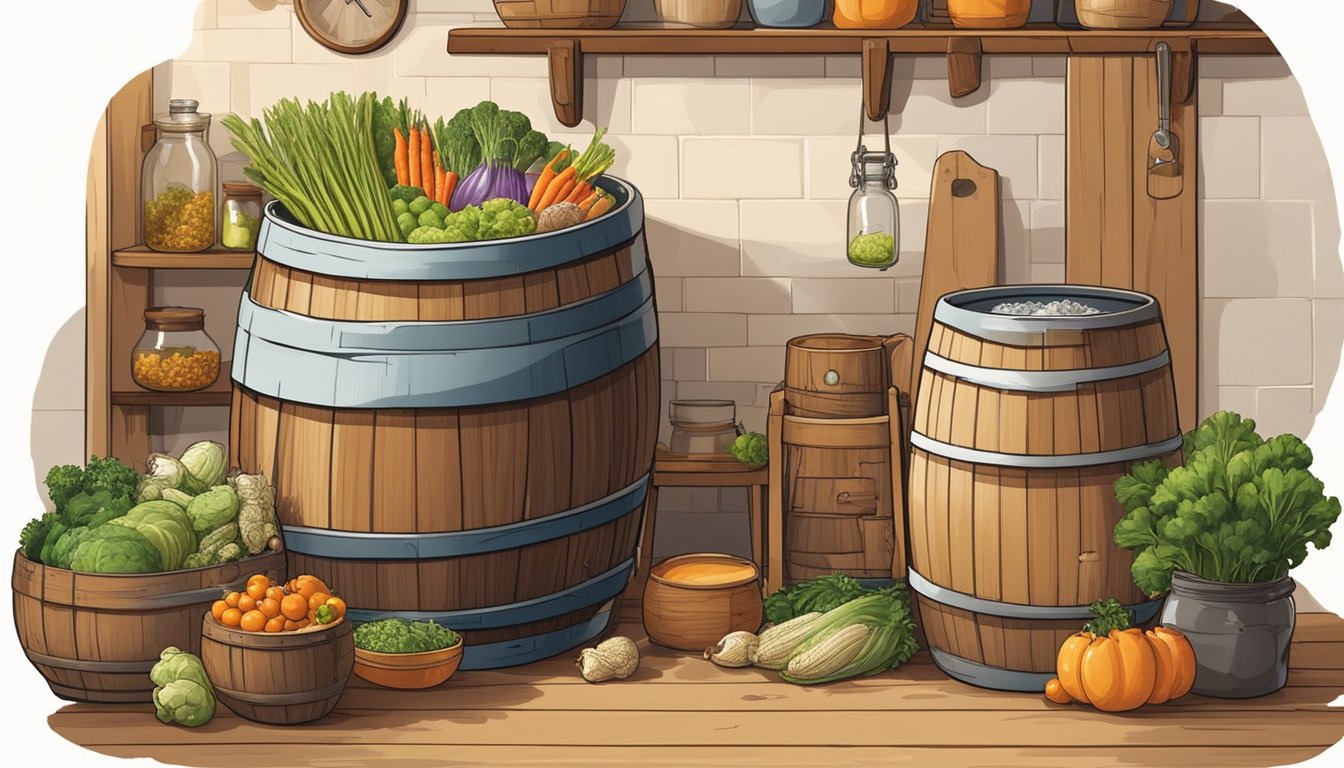 A wooden barrel sits in a rustic kitchen, surrounded by jars of fermenting fish and vegetables. A bubbling airlock indicates active fermentation