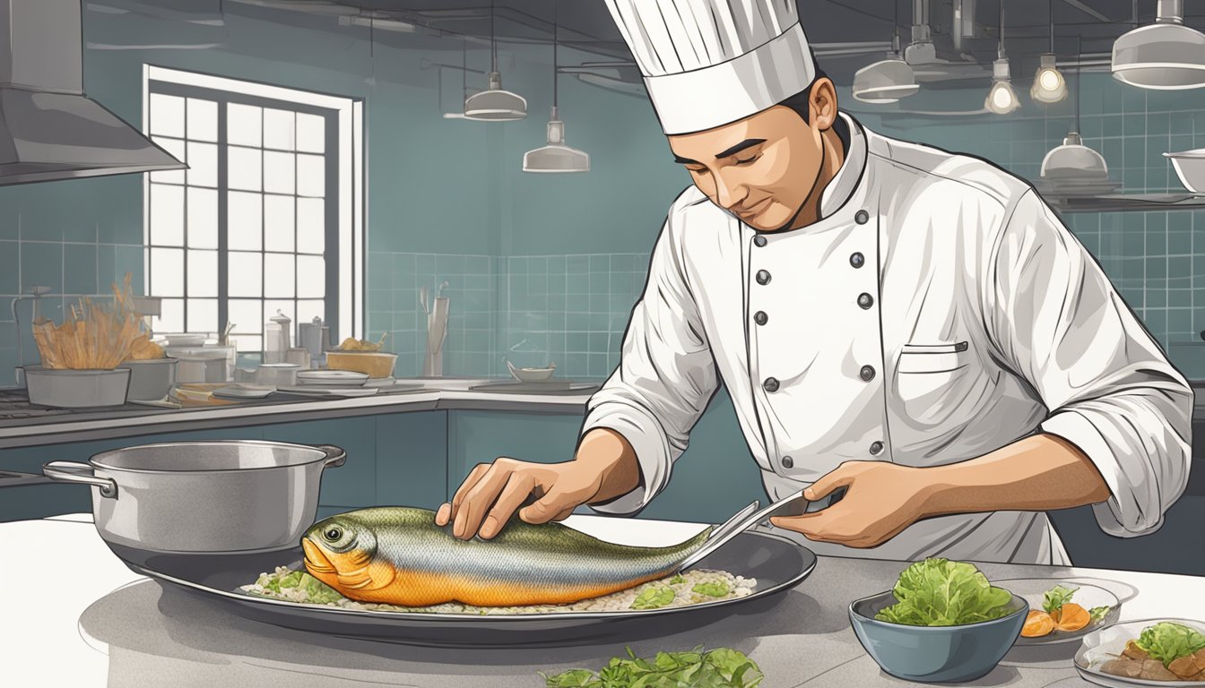 A chef carefully prepares a dish using fish skin, showcasing its innovative use in culinary creations