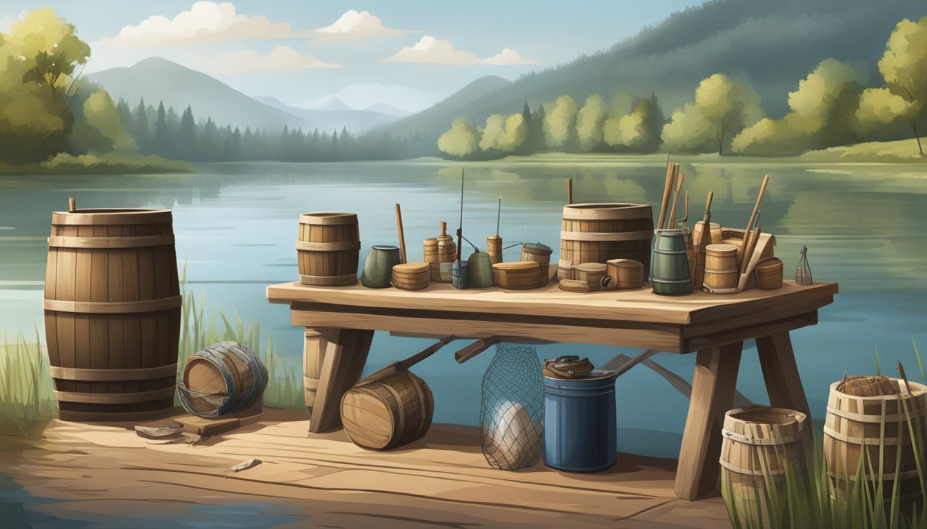 A rustic wooden crafting station with barrels, nets, and fishing gear, surrounded by the tranquil waters of a river or lake