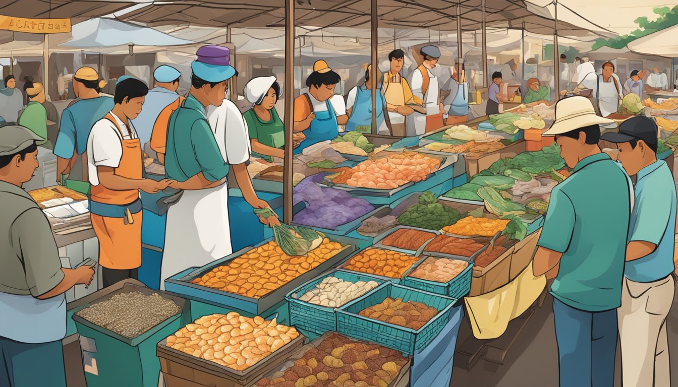 A bustling fish market with colorful stalls selling various fish skin delicacies. Customers sample and purchase the unique culinary treasures, while vendors explain the consumer insights and market trends driving the growing demand