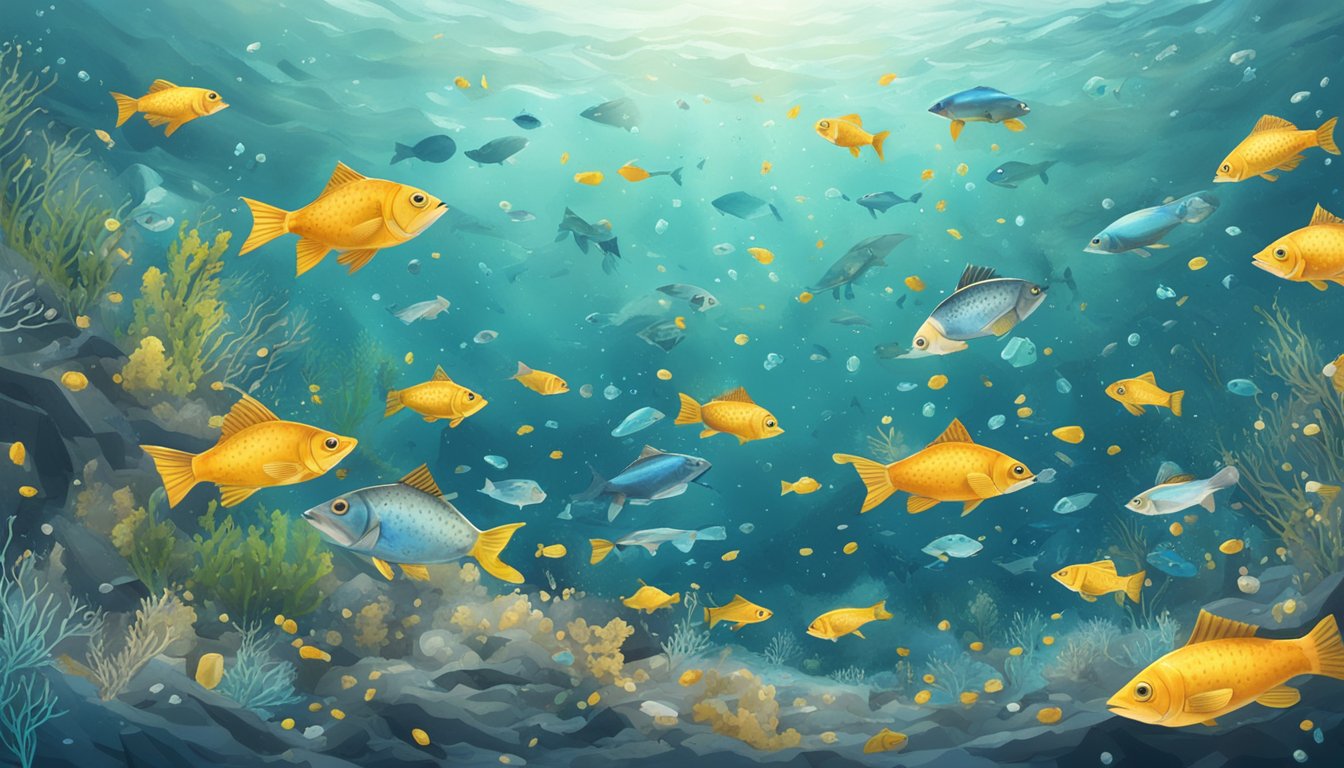 A school of fish swimming in a polluted ocean, surrounded by microplastics and debris