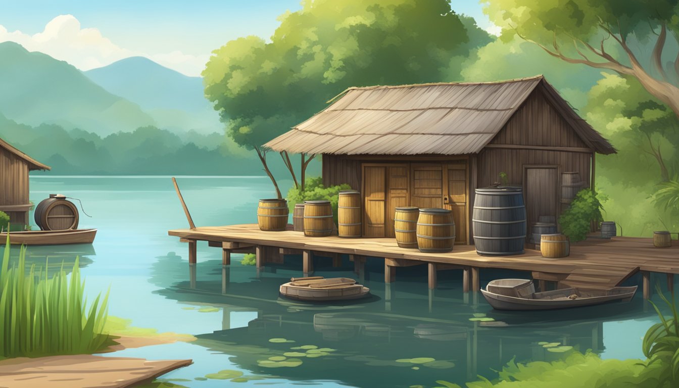 A rustic fishing shack with barrels and vats for fermenting fish sauce, surrounded by a serene lake and lush greenery