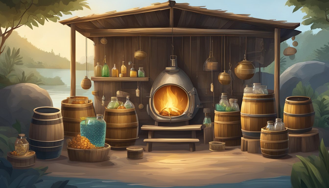 A rustic fishing hut with barrels, nets, and fishing trophies. A large pot bubbles on a fire, surrounded by jars of fish sauce and fermenting ingredients