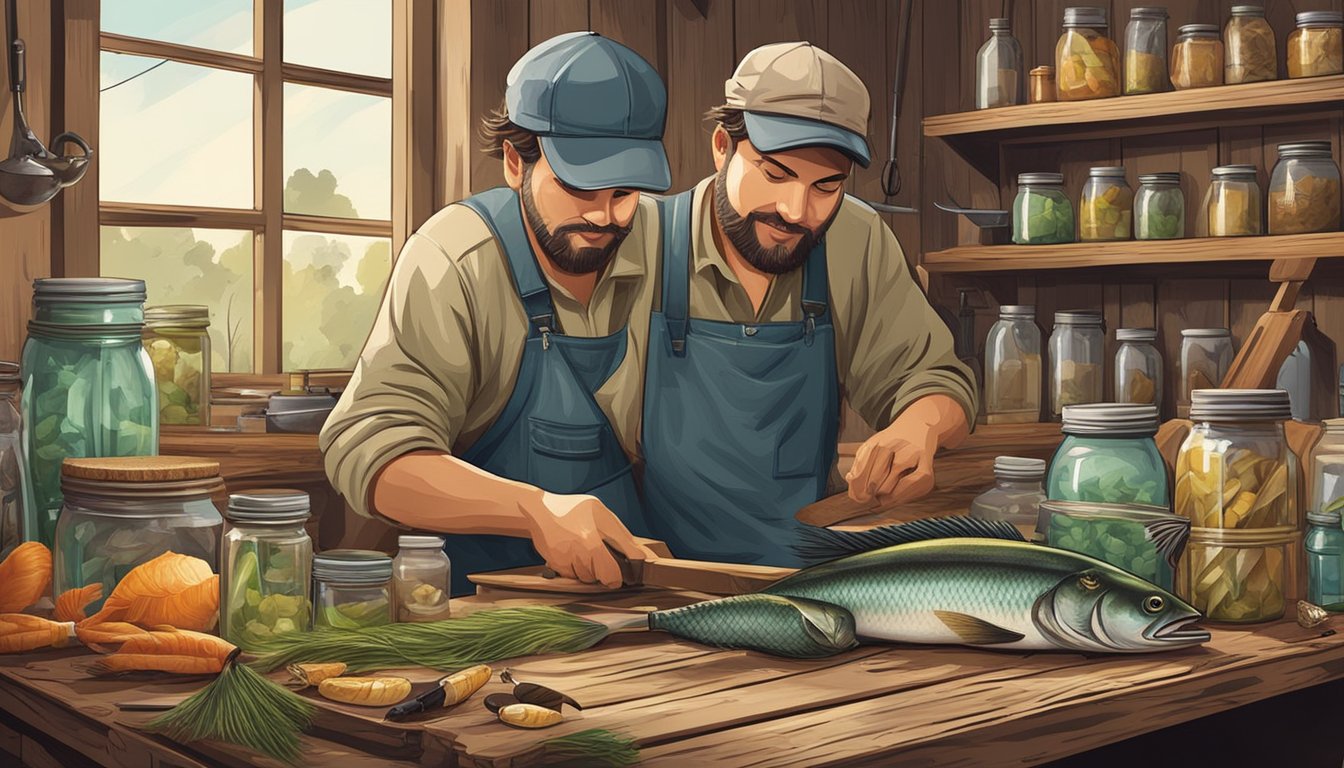 A fisherman cleaning and canning freshly caught fish on a wooden table, surrounded by jars, knives, and fishing equipment