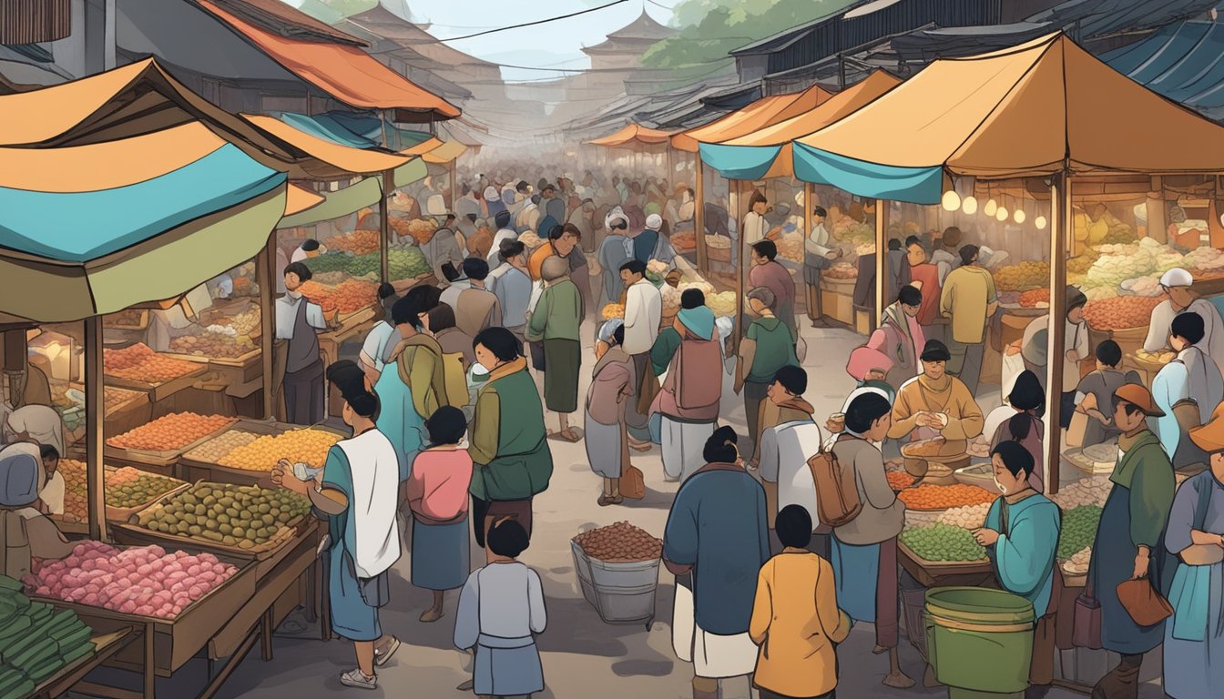 A bustling outdoor market with vendors selling various fermented fish sauces and other related products. The air is filled with the pungent aroma of the sauces, and people are gathered around, chatting and sampling the different offerings