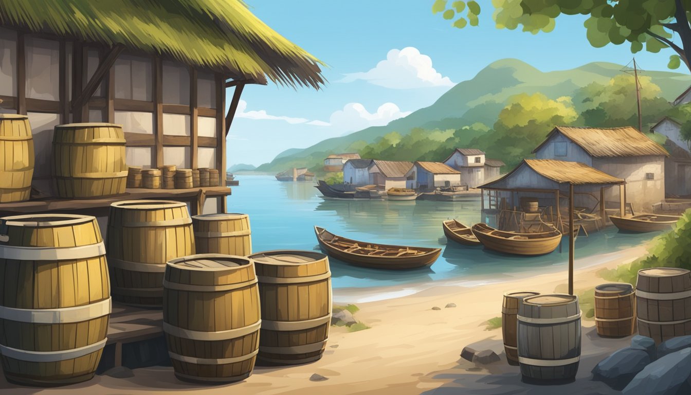 A rustic fishing village with wooden barrels and vats for fermenting fish sauce, surrounded by nets and boats on the shore