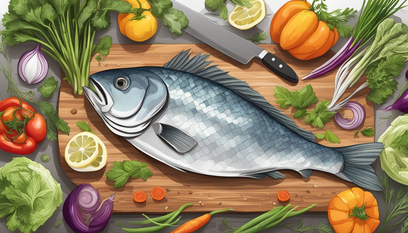 A table spread with a variety of fish heads, surrounded by colorful vegetables and herbs. A chef's knife and cutting board are ready for preparation