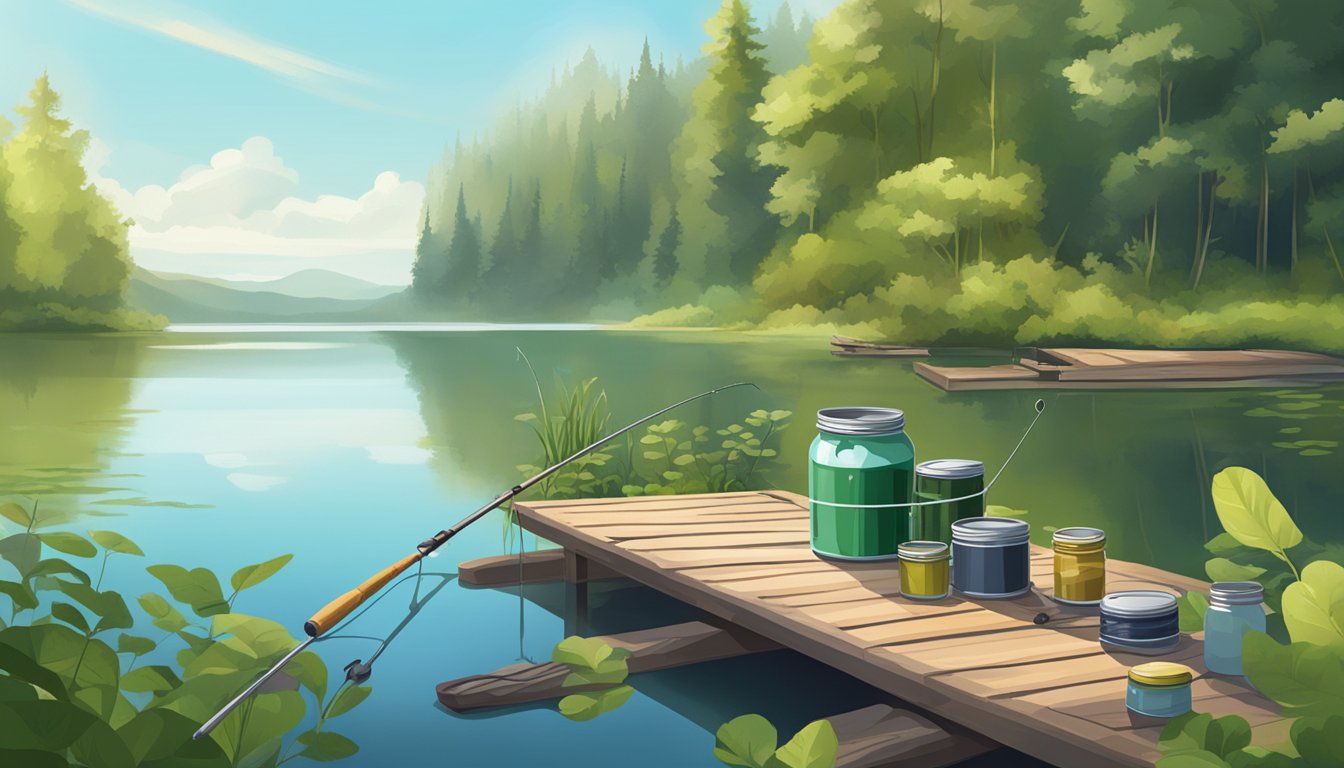 A serene lake surrounded by lush greenery, with a fishing rod and canning equipment laid out on a wooden dock