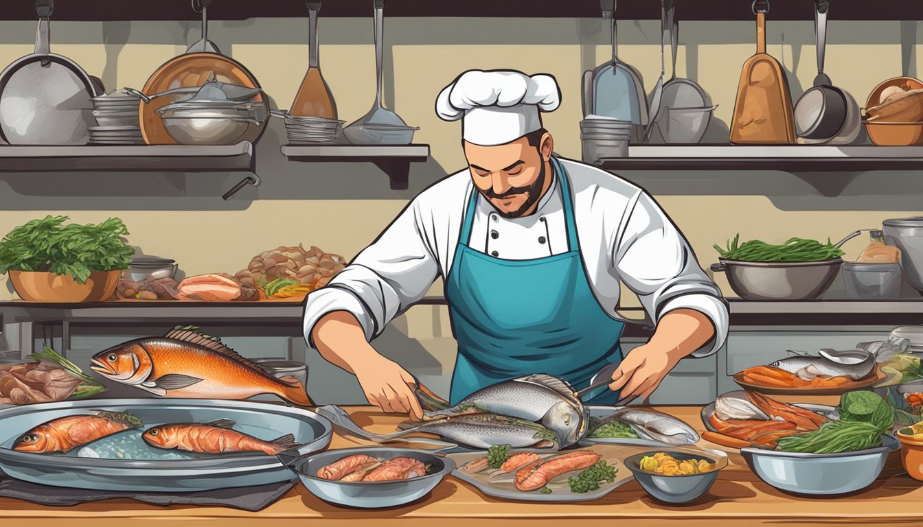 A chef carefully selects and prepares fresh fish heads for a culinary feast. The table is set with an array of ingredients and cooking utensils