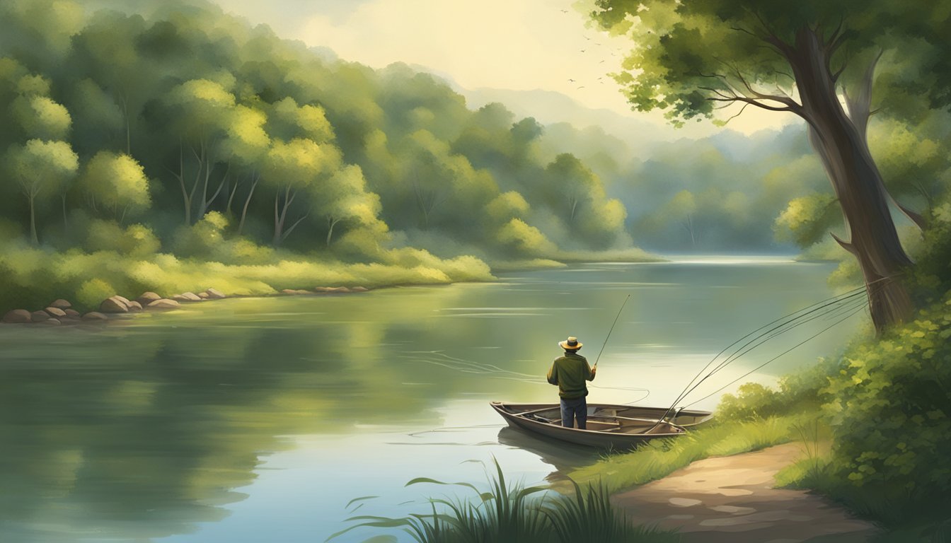 A serene riverside scene with a fisherman casting a line into the water, surrounded by lush trees and wildlife