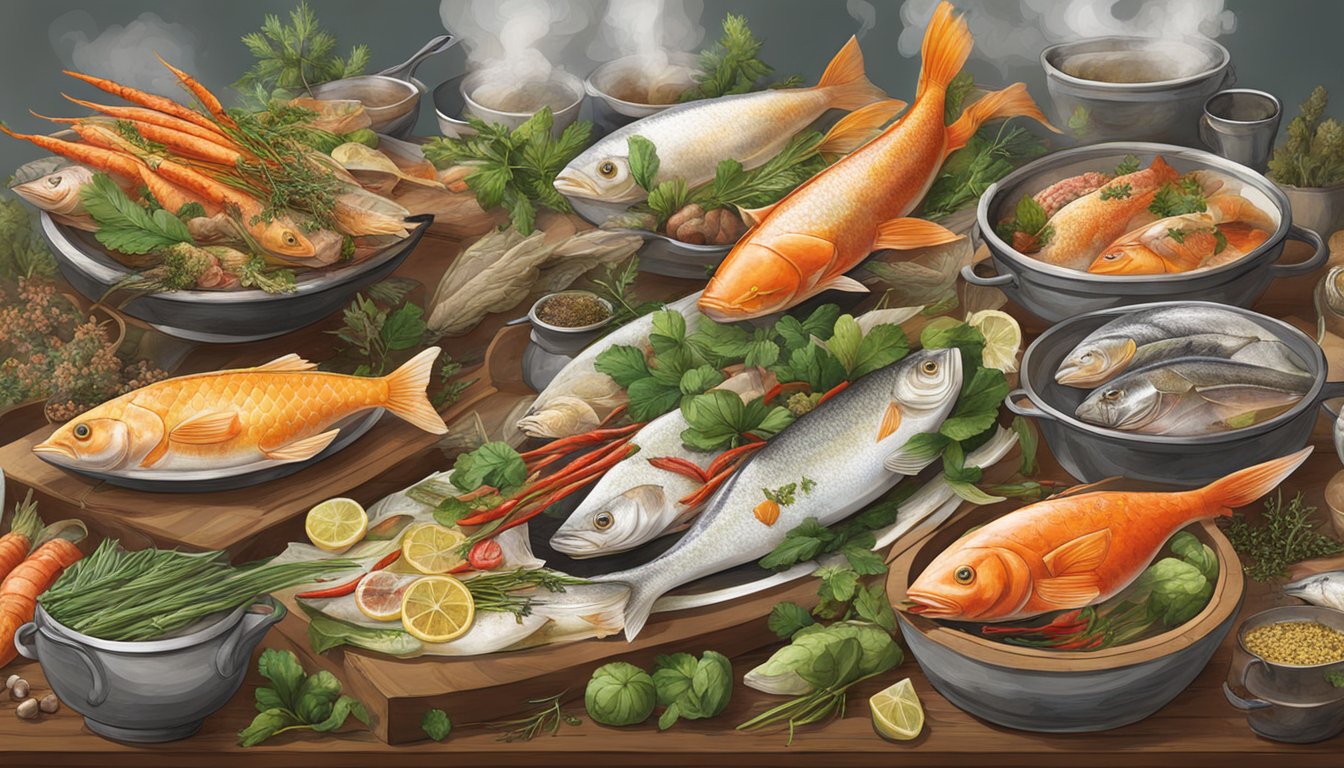 A table adorned with a variety of fish heads, herbs, and spices. Steam rises from the feast, filling the air with rich aromas