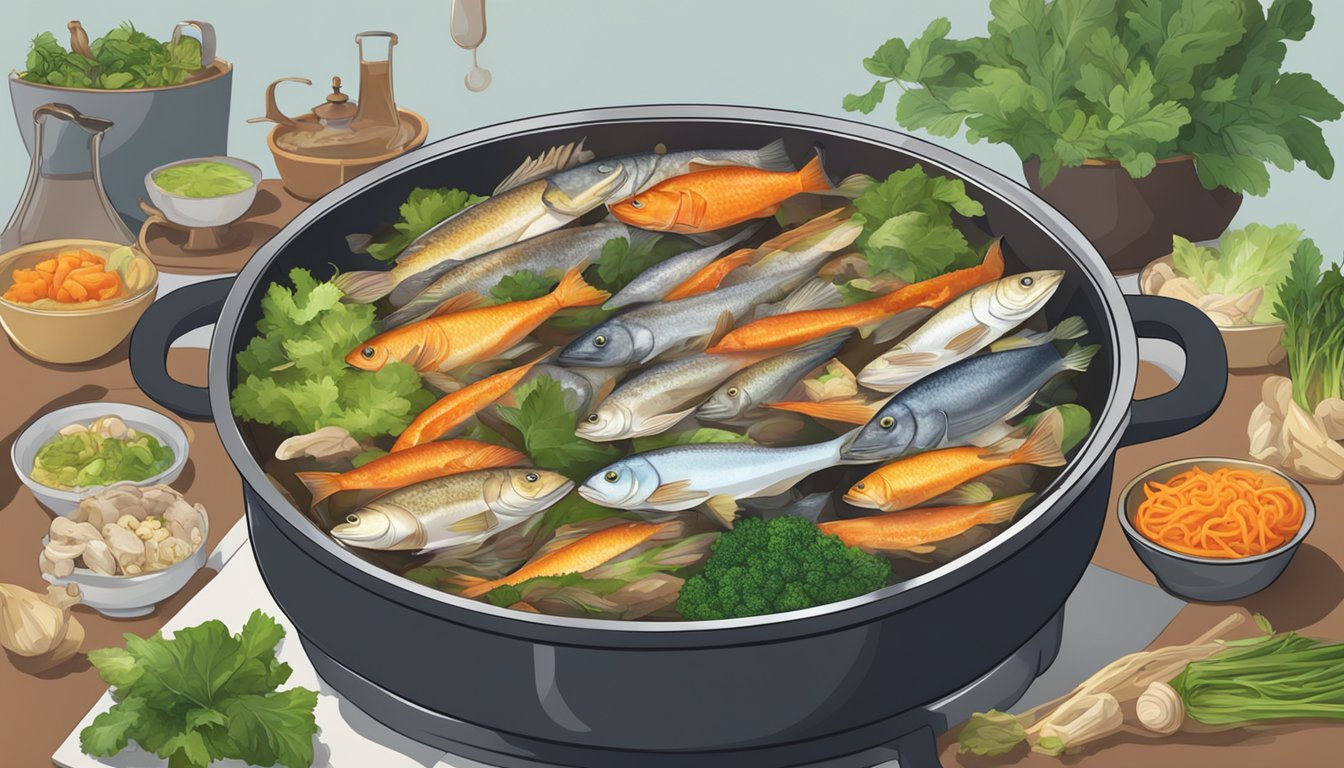 A simmering pot filled with various fish heads, bones, and aromatic vegetables, emitting a rich and savory aroma