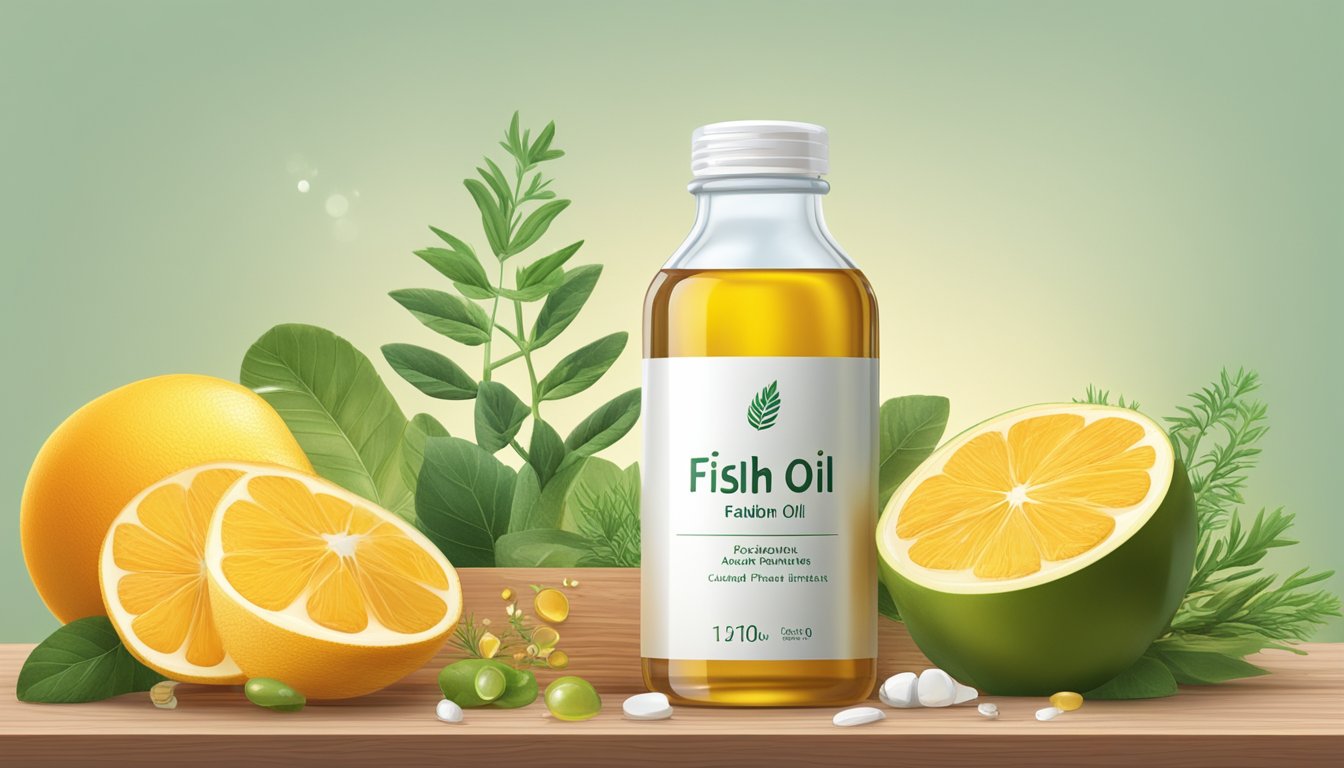 A clear glass bottle of fish oil sits on a wooden table, surrounded by various natural skincare ingredients such as herbs, fruits, and oils