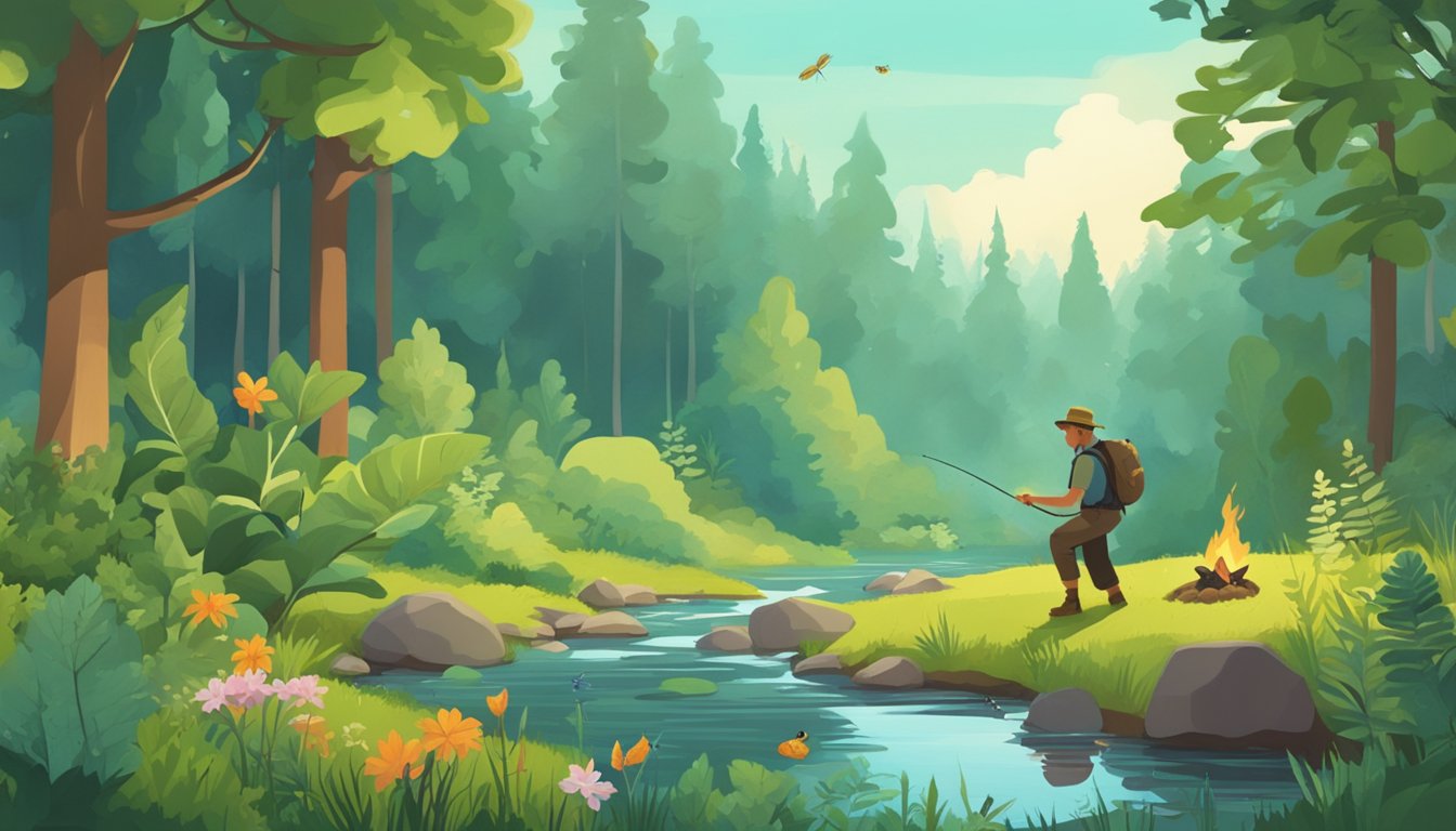 A lush forest clearing with a small campfire surrounded by edible plants and insects. A figure is seen fishing in a nearby stream