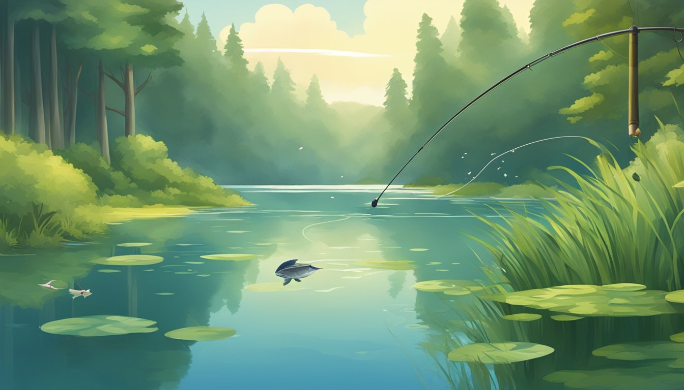 A serene lake surrounded by lush greenery, with a fishing rod casting into the water and a fish jumping out of the surface