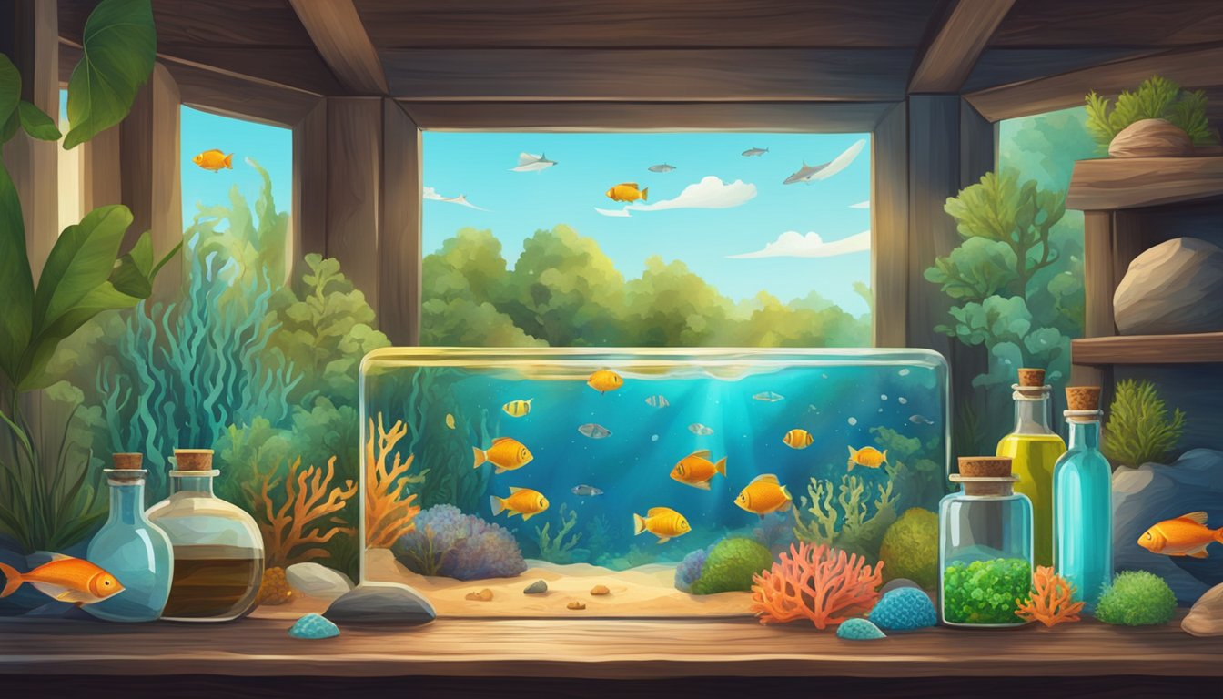 A tranquil ocean scene with fish swimming among vibrant coral reefs, while a bottle of fish oil and various essential oils sit on a rustic wooden table