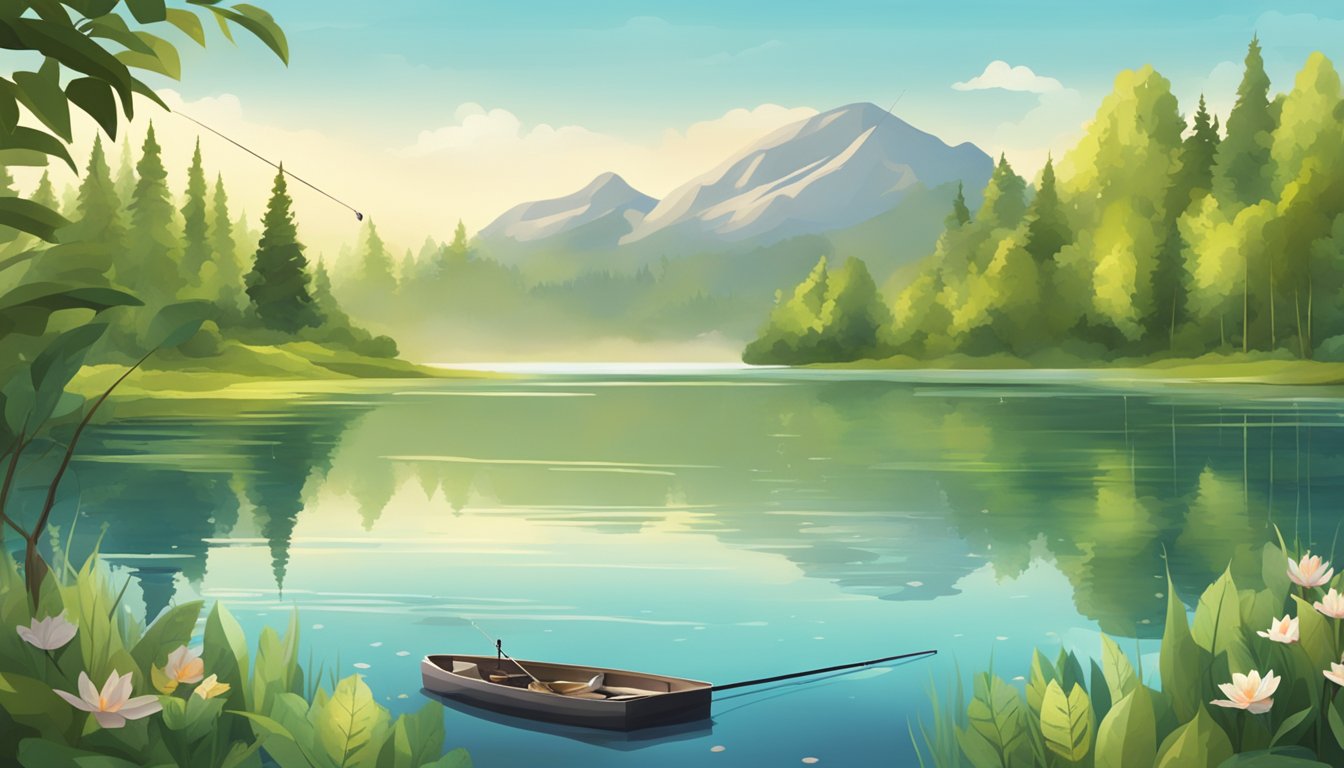 A serene lake surrounded by lush greenery, with a fishing rod and freshly caught fish on the shore