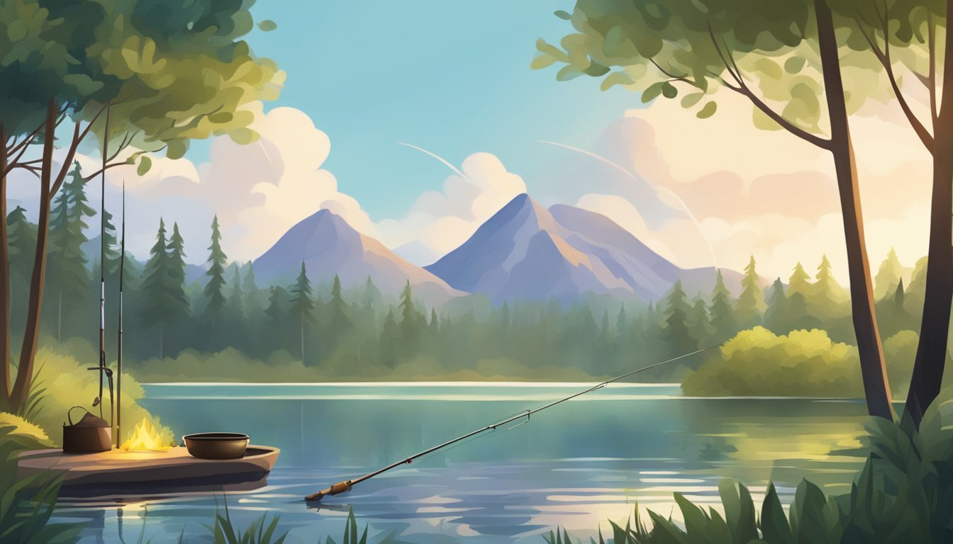 A serene lake surrounded by lush greenery, with a fishing rod propped up on the shore and a campfire ready for cooking