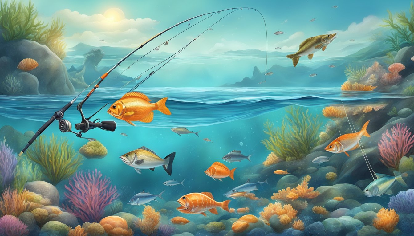 A serene ocean scene with a fishing rod casting into the water, surrounded by various types of seafood swimming beneath the surface