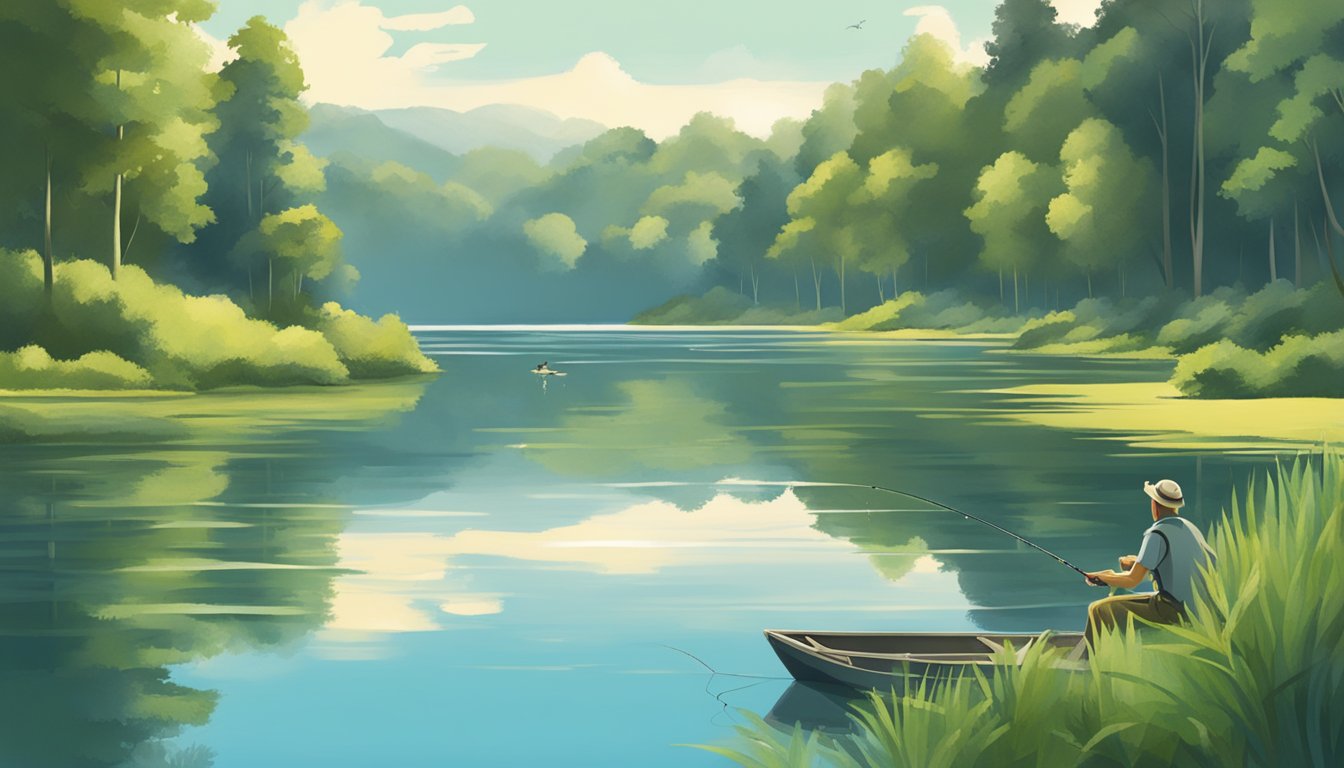 A person fishing at a serene lake, surrounded by lush greenery and clear blue skies, with a focus on the act of catching a fish