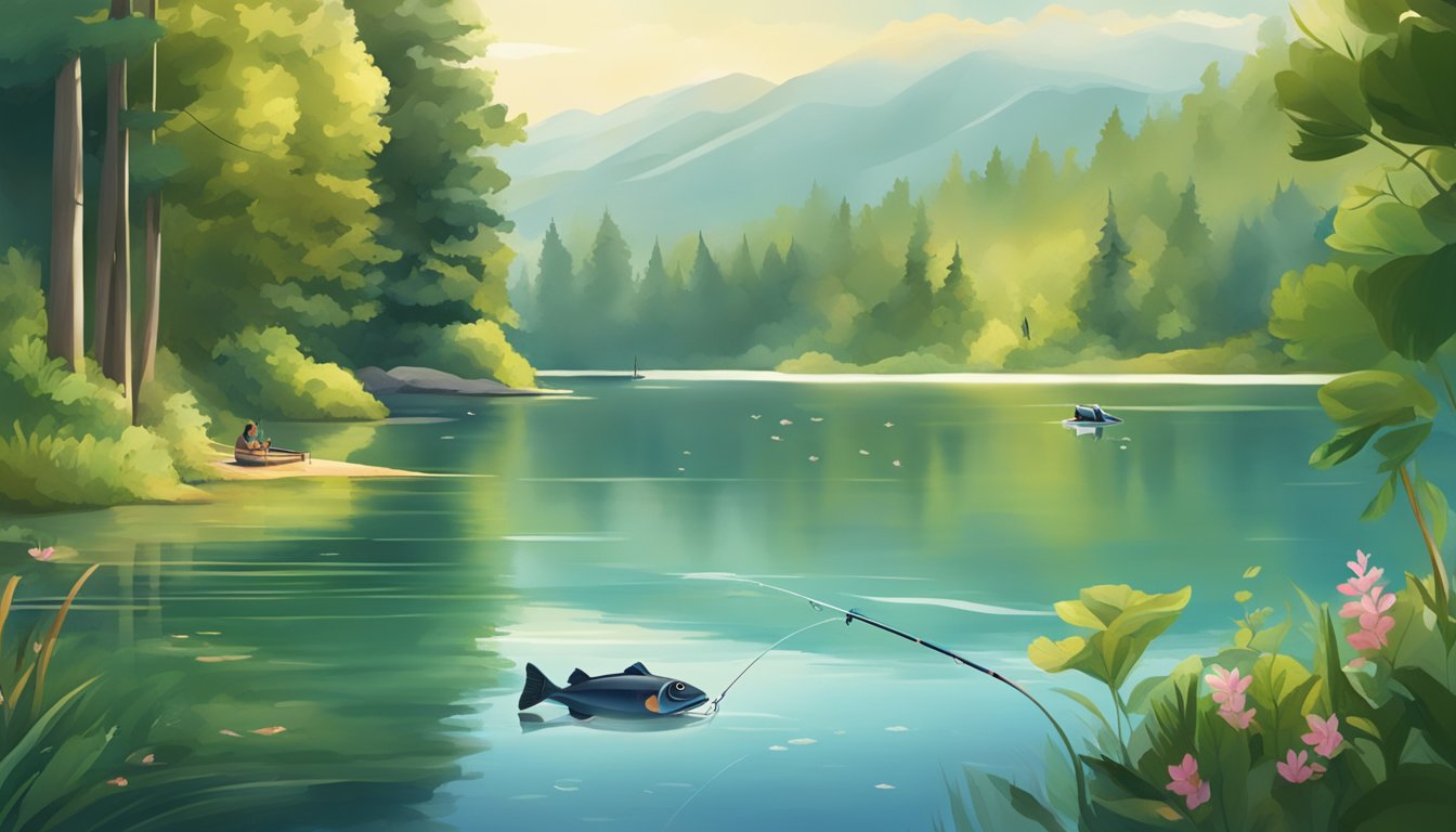 A serene lake surrounded by lush greenery, with a fishing rod casting into the water and a fish jumping out, capturing the moment of culinary enjoyment and fitness through fishing