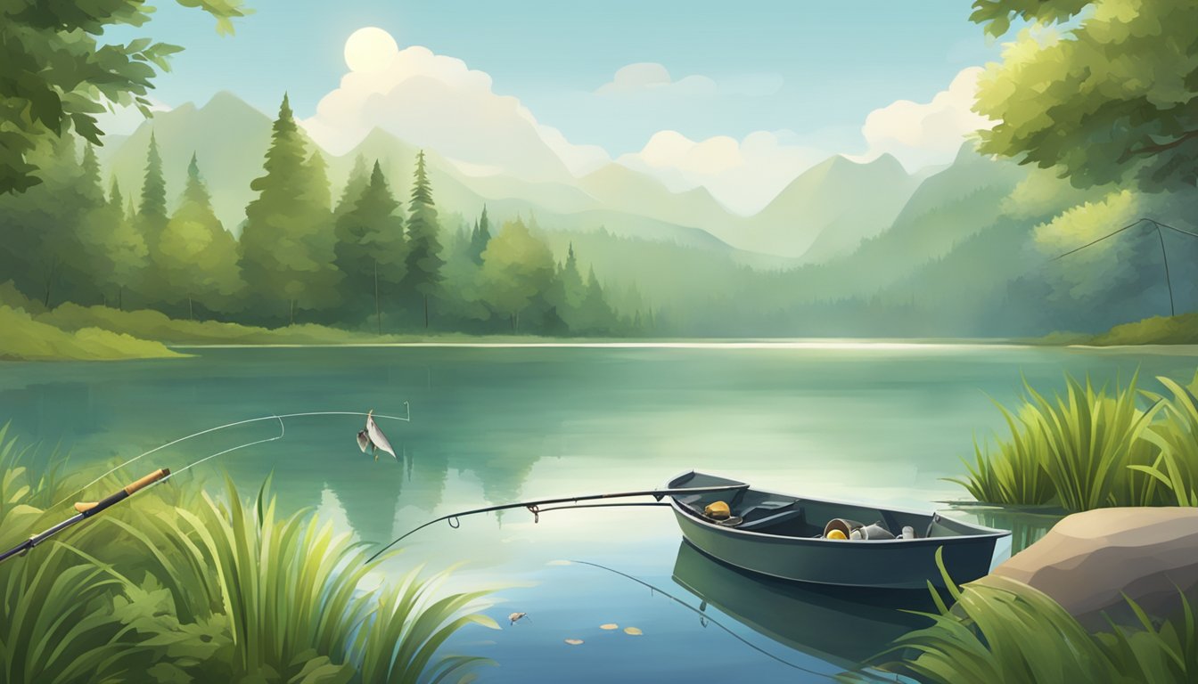 A serene lake surrounded by lush greenery, with a fishing rod and a freshly caught fish lying on the shore