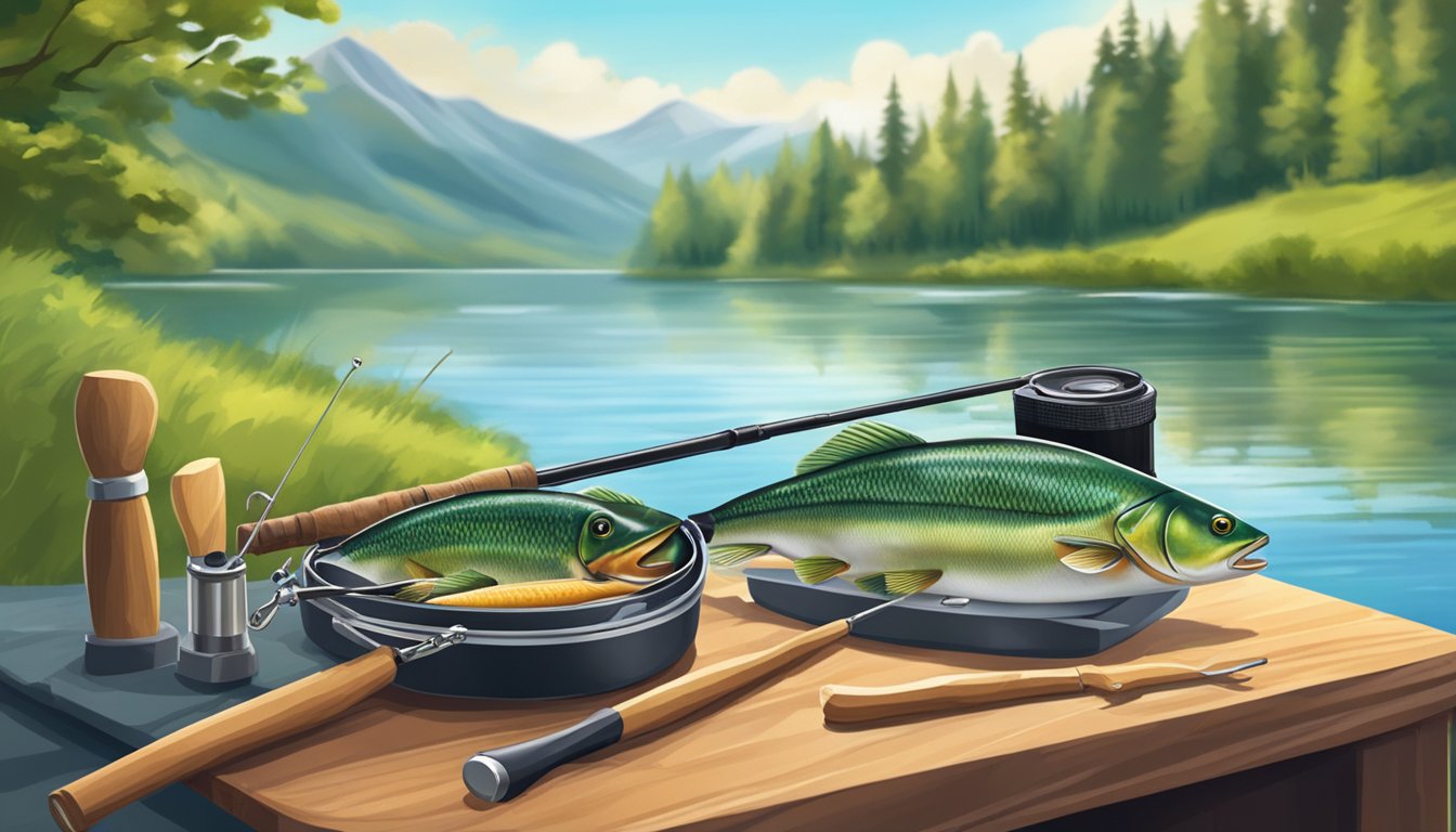 A fishing rod with a freshly caught fish, a camera, a cutting board, and a knife, all set against a scenic backdrop of water and nature