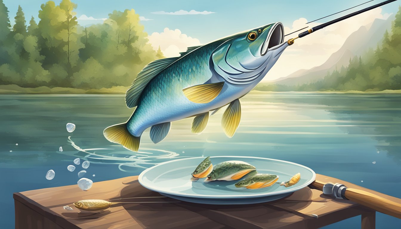 A serene lake with a fishing rod casting into the water, a fish jumping out of the water, and a plate with a cooked fish