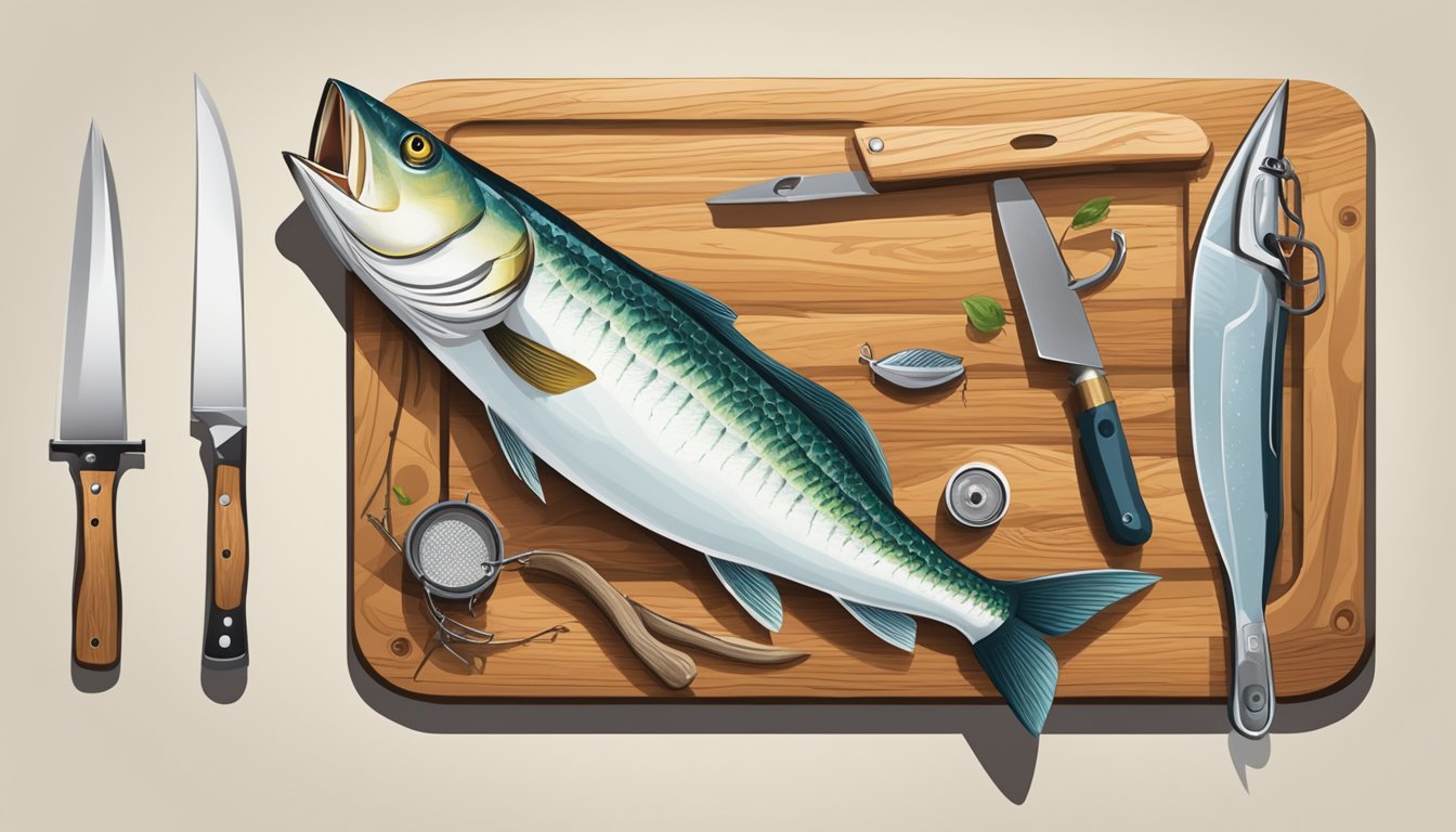 A fisherman holds a freshly caught fish against a rustic wooden cutting board, surrounded by fishing gear and a fillet knife