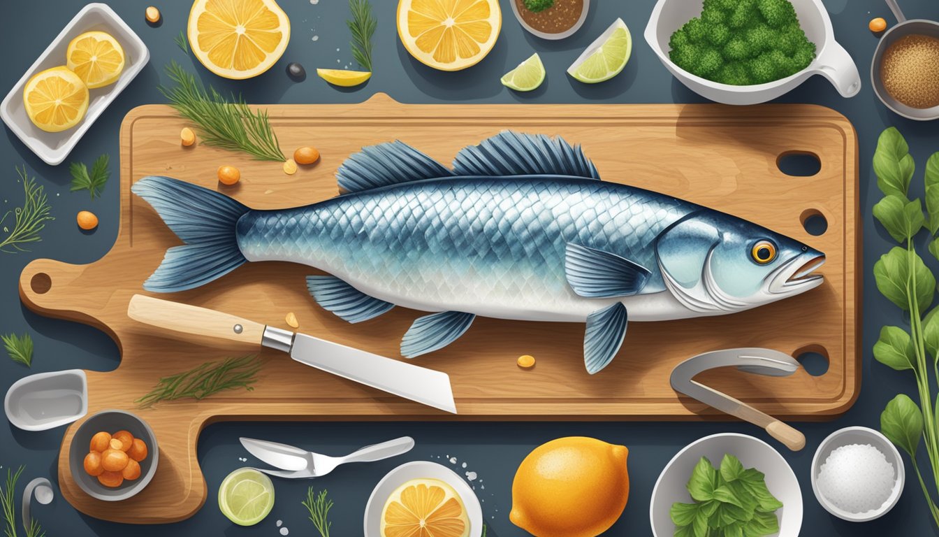 A fish being cleaned and prepared on a wooden cutting board with various utensils and ingredients nearby