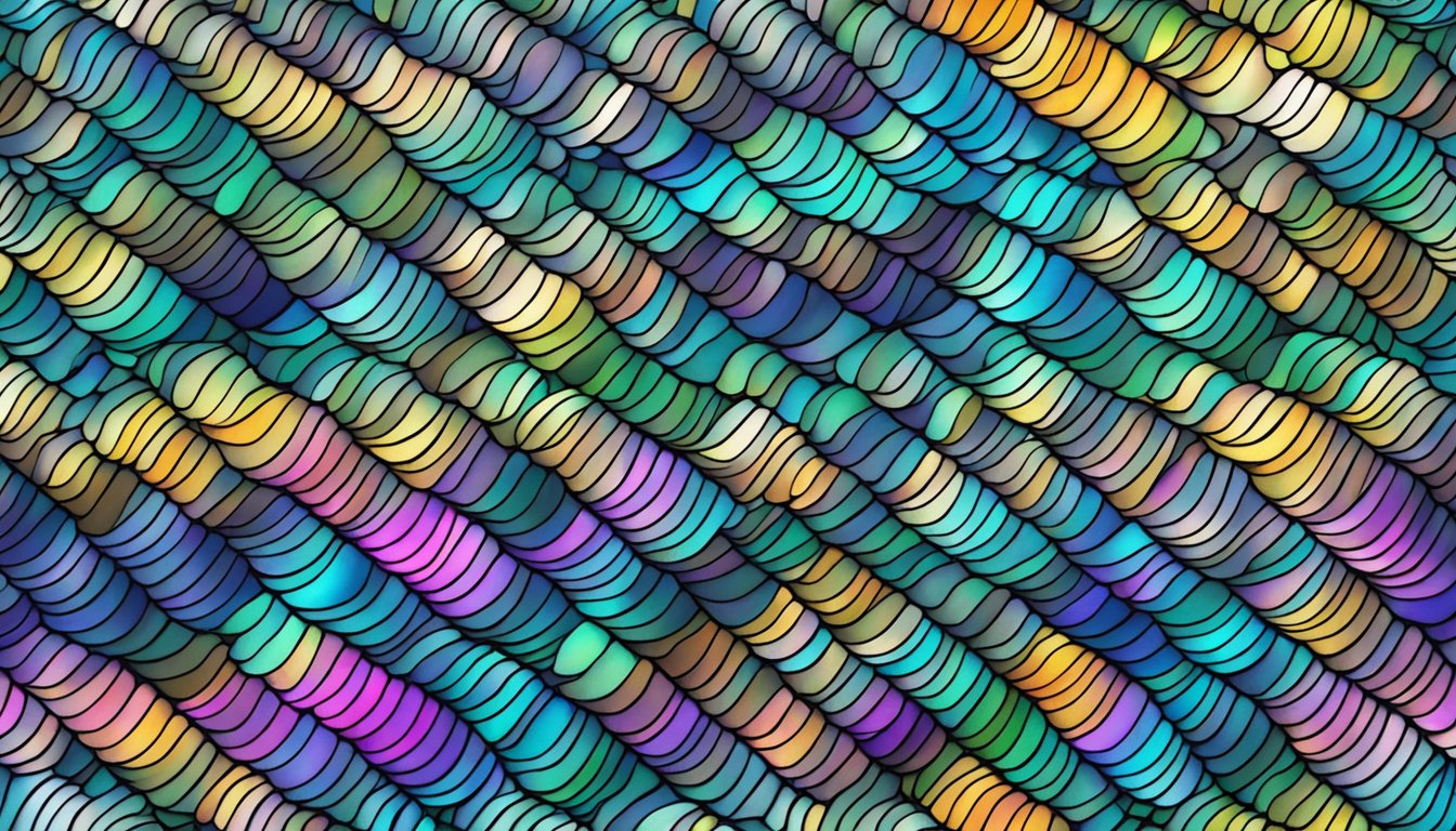 A pile of iridescent fish scales shimmer in the sunlight, arranged in intricate patterns by the artist's skilled hands