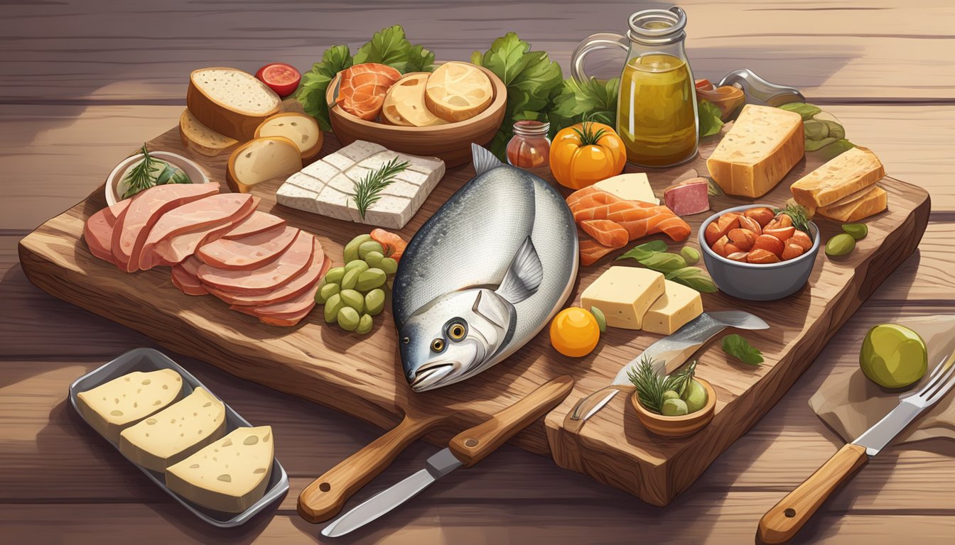 A rustic wooden charcuterie board adorned with an assortment of freshly caught fish, sliced meats, artisanal cheeses, pickled vegetables, and crusty bread