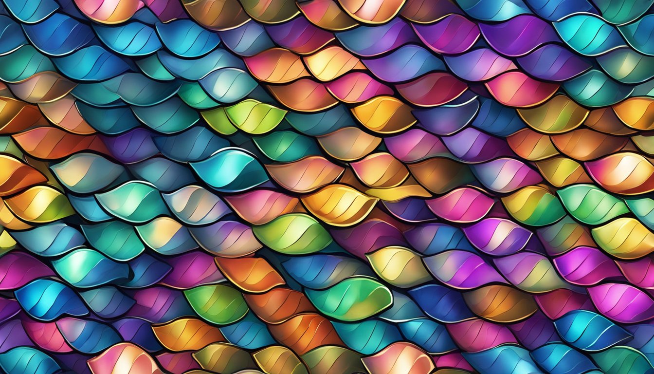 A pile of iridescent fish scales arranged in a swirling pattern, catching the light and creating a mesmerizing display of color and texture