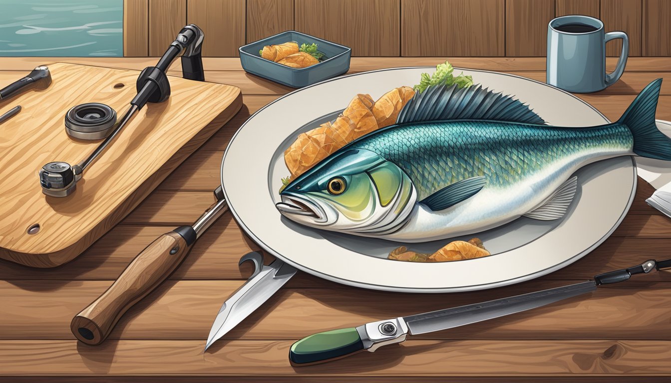 A fishing rod with a freshly caught fish being reeled in, a cutting board with a knife and a plate, and a camera capturing the process