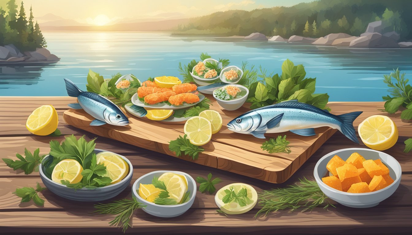 A rustic wooden board with various fish appetizers, surrounded by fresh herbs and lemon slices, set against a backdrop of fishing gear and a serene lake view