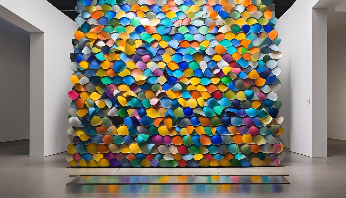 A colorful, abstract sculpture made of recycled fish scales, metal, and plastic, displayed in a contemporary art gallery