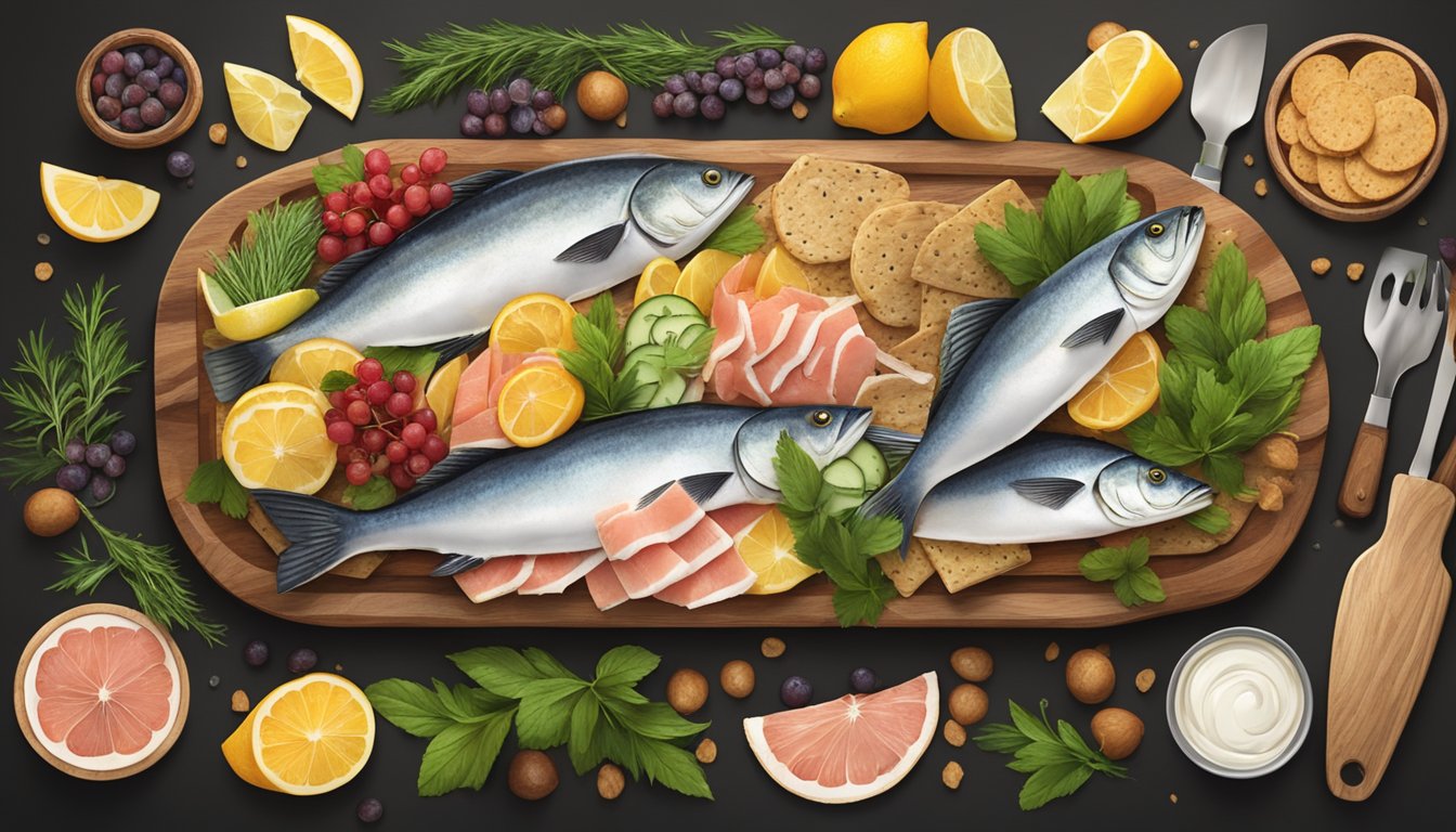 A rustic wooden charcuterie board adorned with an assortment of freshly caught fish, garnished with herbs, fruits, and crackers