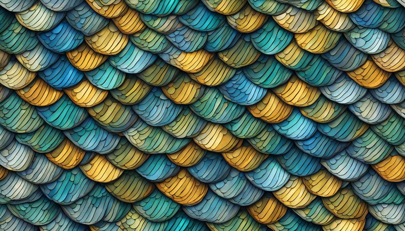 A pile of discarded fish scales arranged in intricate patterns, catching the light and creating a mesmerizing display of color and texture