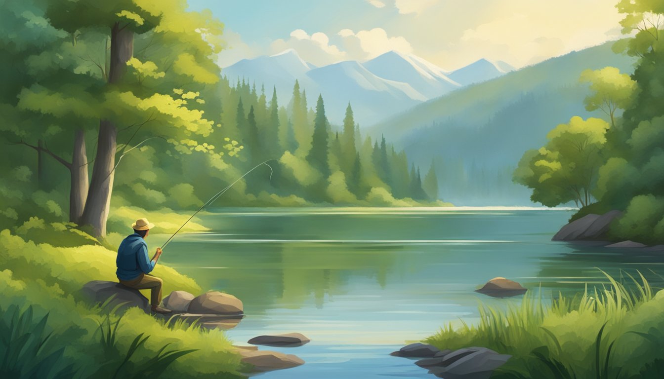 A serene lakeside with a fisherman casting a line, surrounded by lush greenery and wildlife. The scene exudes a sense of tranquility and respect for nature