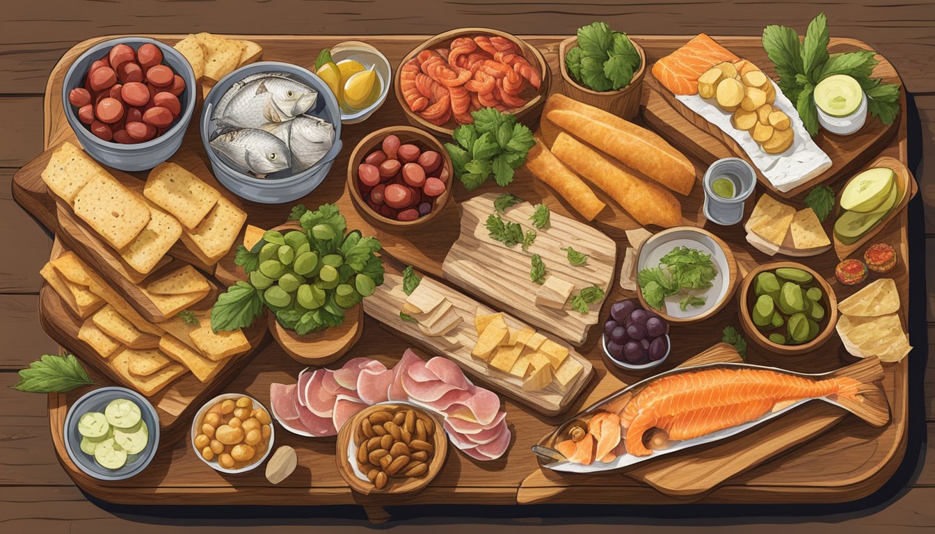 A wooden charcuterie board filled with a variety of savory appetizers and sides, featuring fresh catches from the angler's latest fishing trip