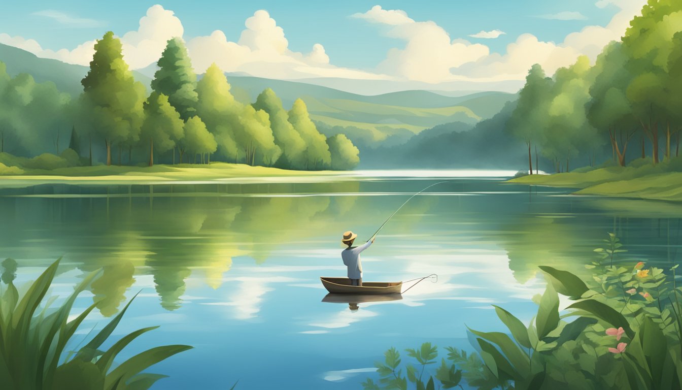 A serene lake with a lone fishing rod and a catch of fish, surrounded by lush greenery and wildlife