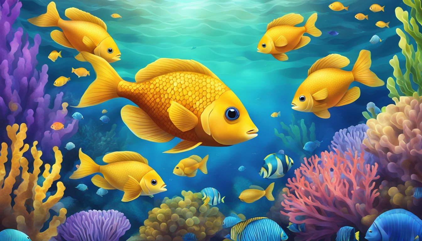 A serene underwater scene with colorful fish scales floating in the water, surrounded by vibrant marine life and coral reefs