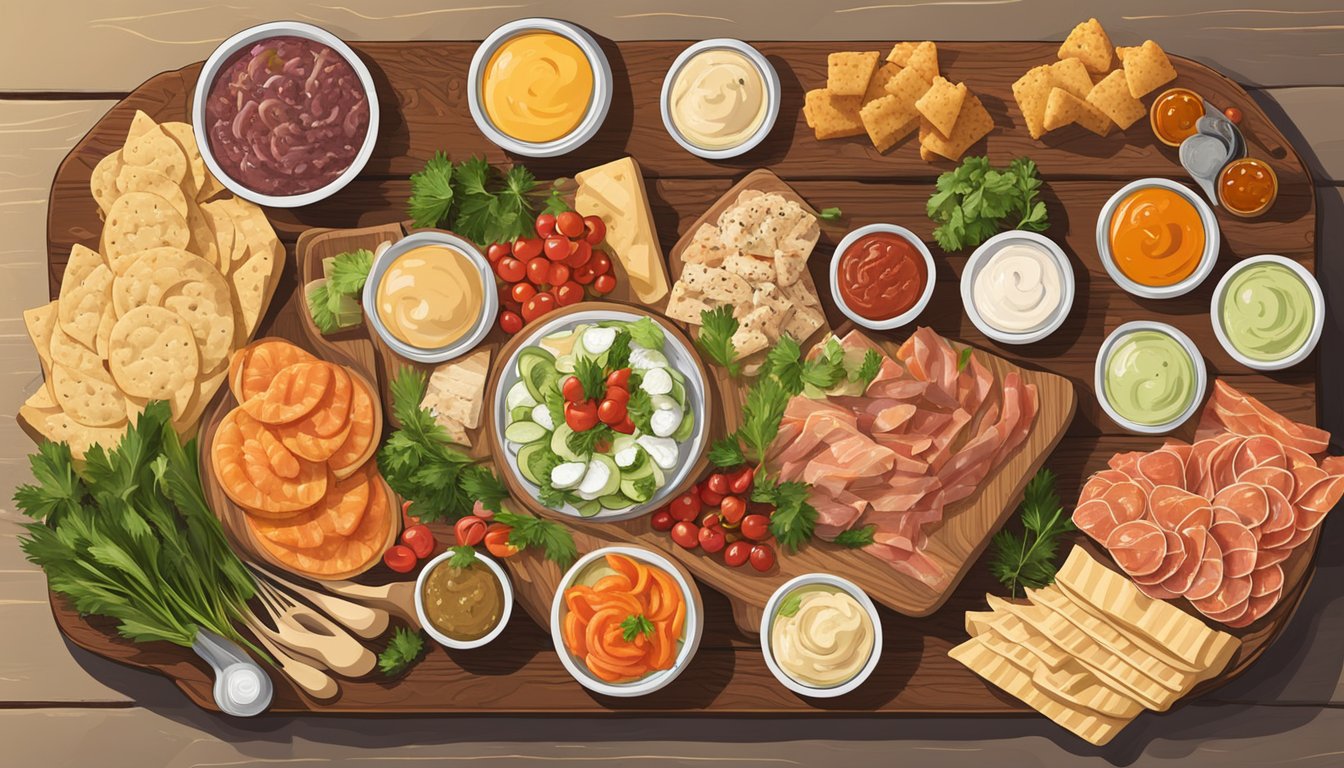 A wooden charcuterie board with an assortment of dressings, dips, and sauces, surrounded by small appetizers made from freshly caught fish and seafood