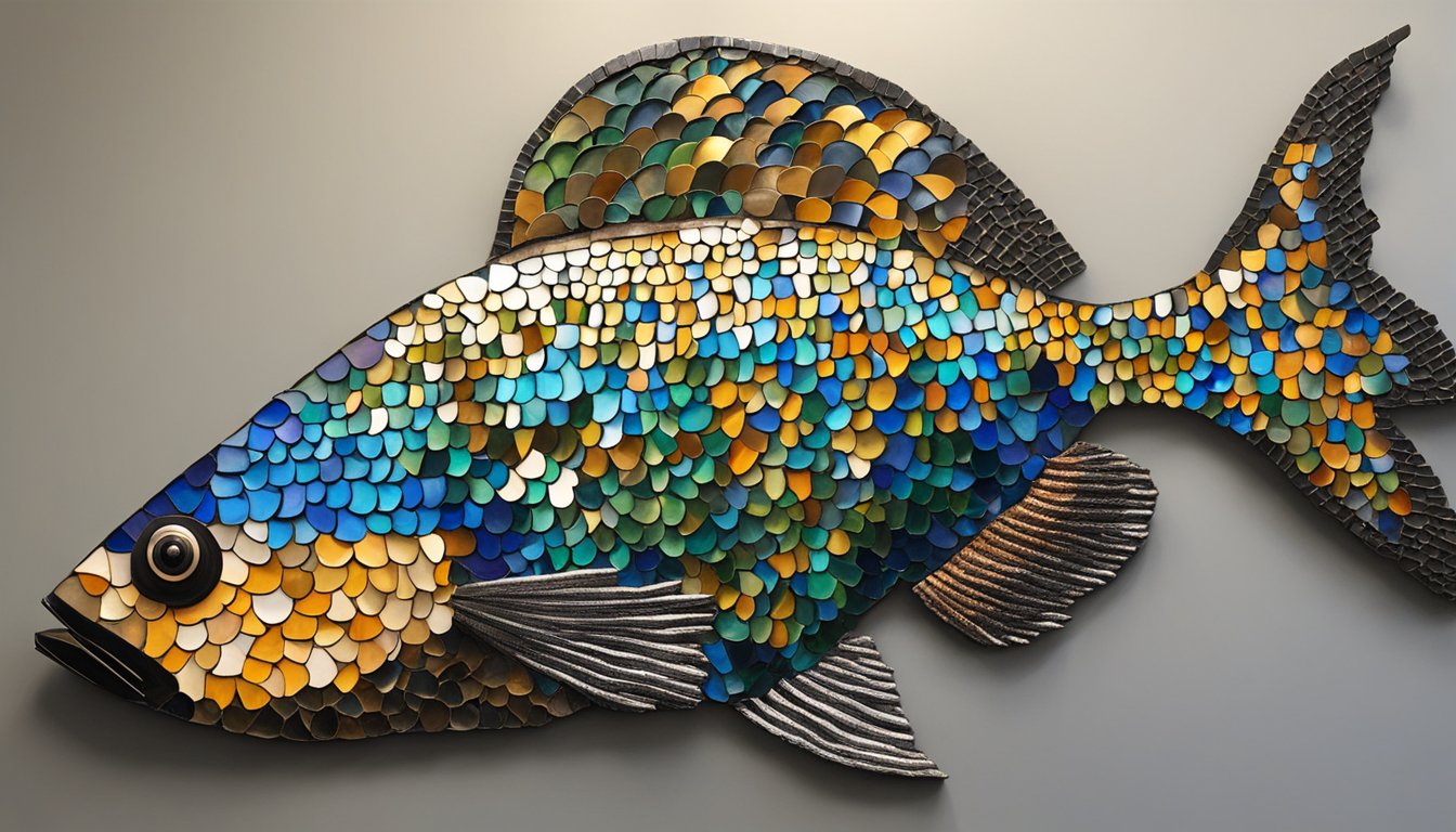 A colorful fish scale mosaic adorns a wall, showcasing the artist's skill in repurposing discarded materials into stunning works of art