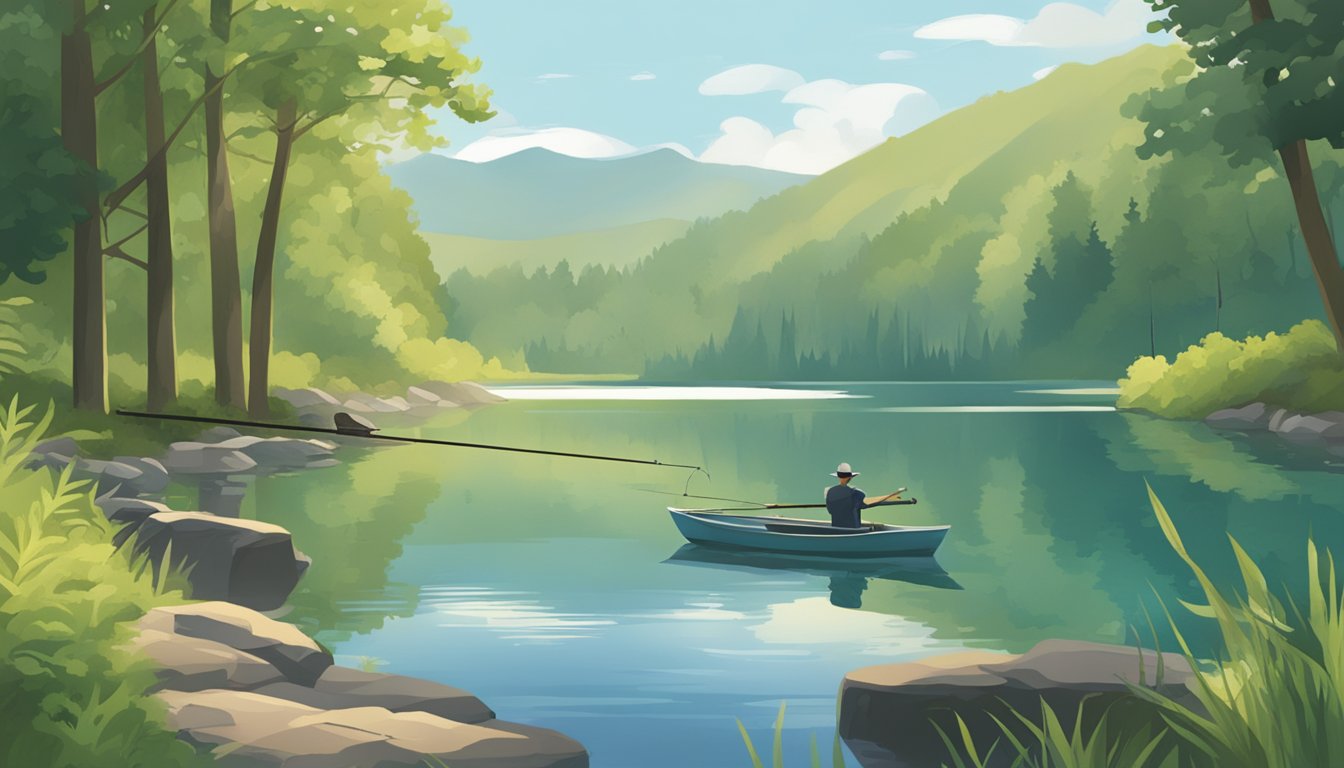 A serene lake with lush greenery and a fishing pole resting on the shore. A sign nearby displays catch-and-eat guidelines