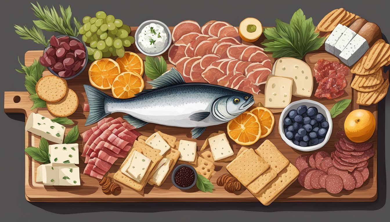 A wooden charcuterie board is adorned with an assortment of fresh fish, cured meats, cheeses, fruits, and crackers, creating an inviting display