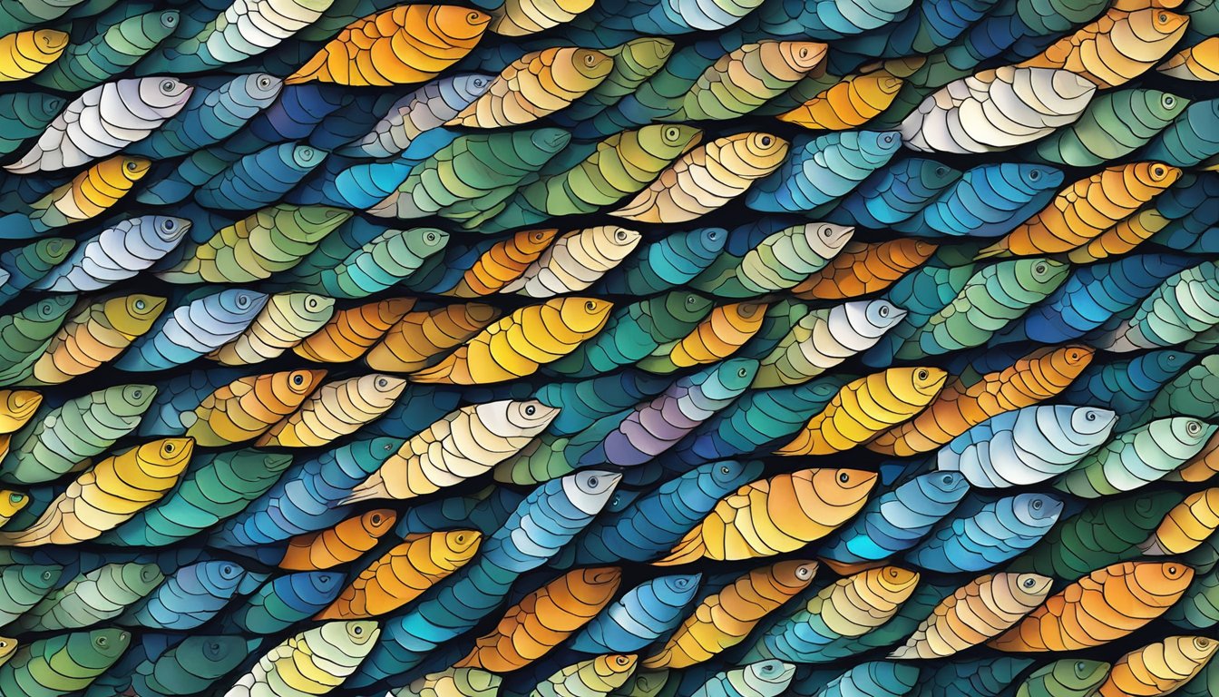 A pile of discarded fish scales arranged in a colorful, intricate pattern, with a skilled artist delicately crafting them into a stunning piece of art